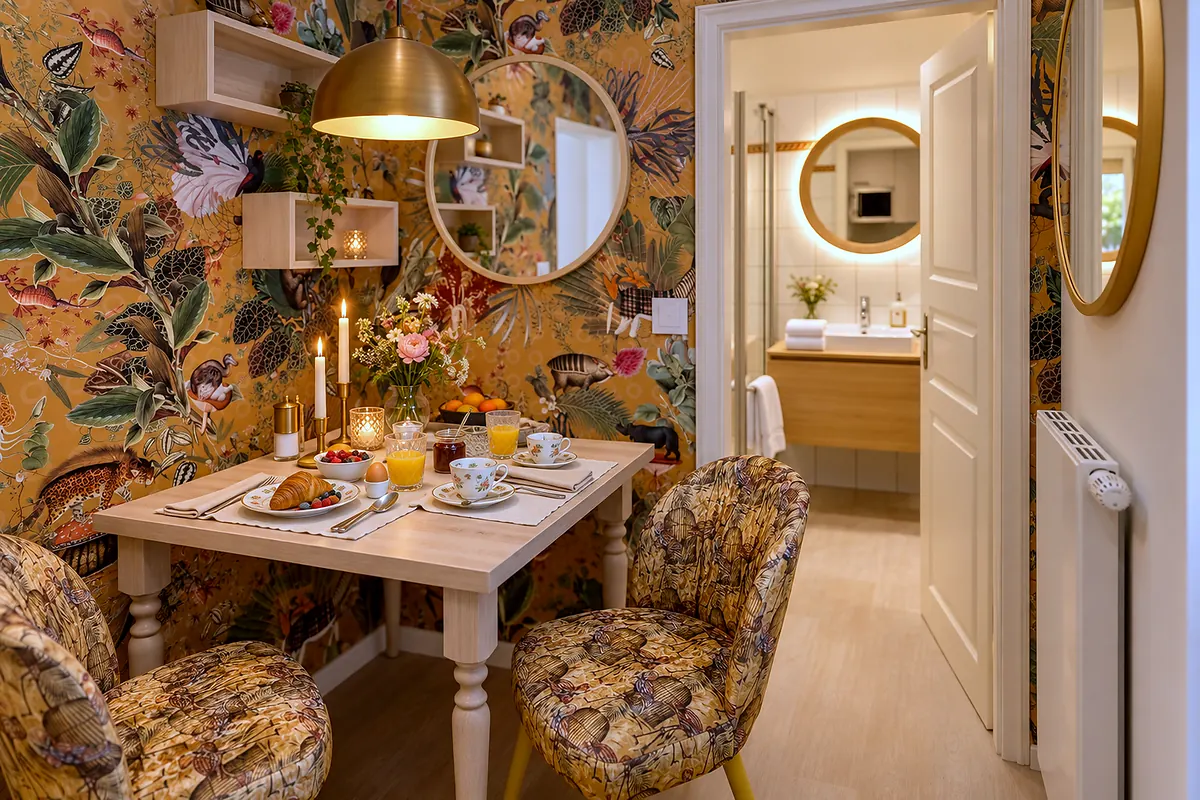 Dining table and bathroom, 10 Sommergoldhähnchen