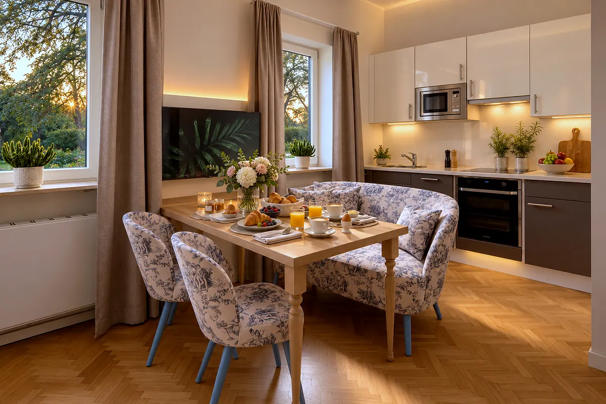Dining table and kitchen, 11 Nymphensittich