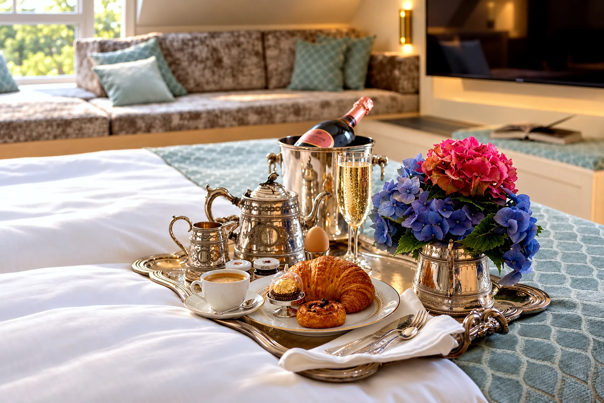 Frühstückstablett mit Silberkanne und Hortensien auf dem Bett