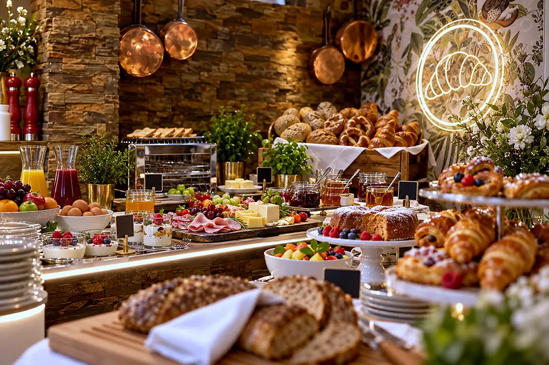Bread and pastries at the breakfast buffet
