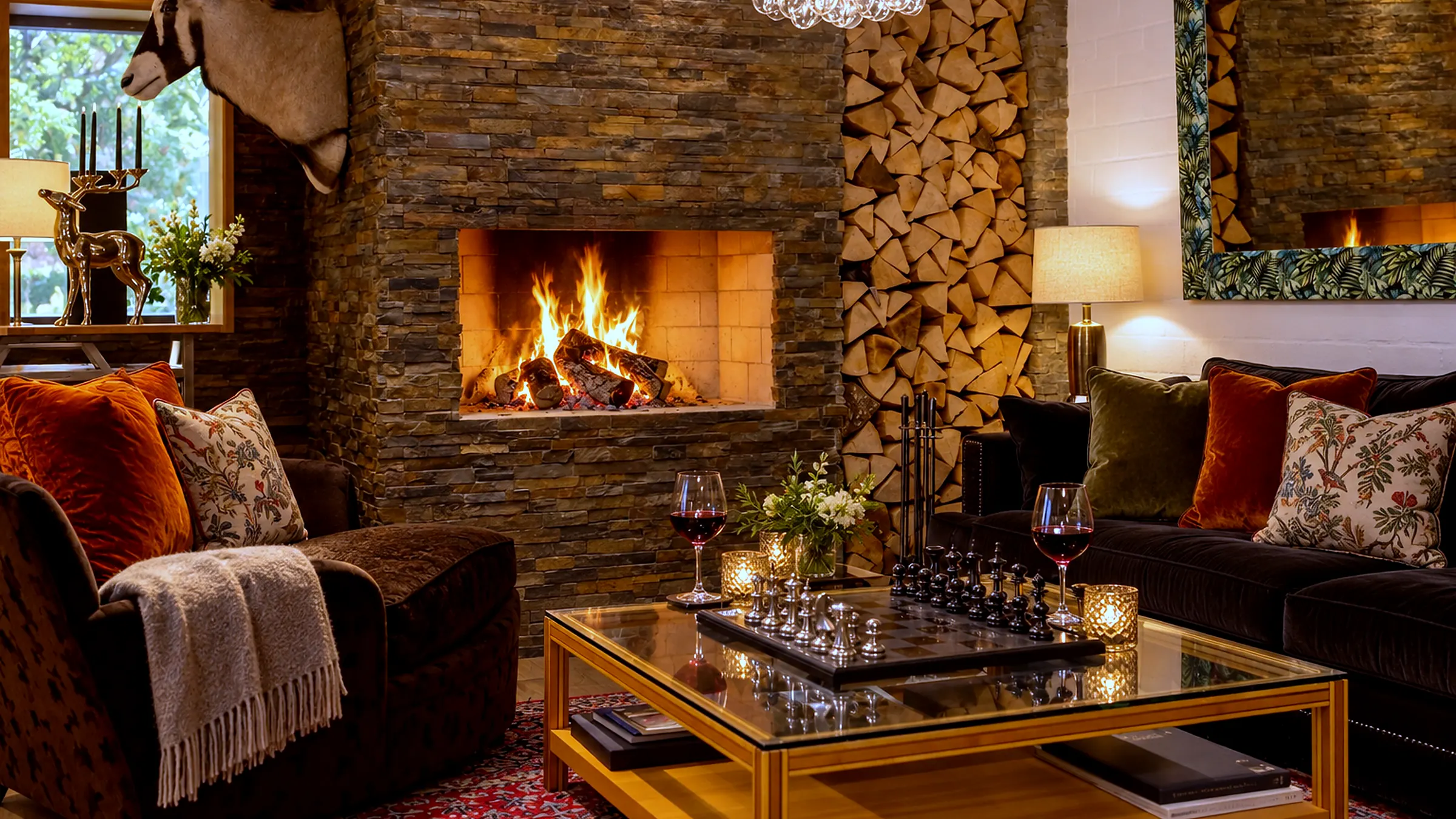 Kaminlounge mit brennendem Feuer und Sesseln