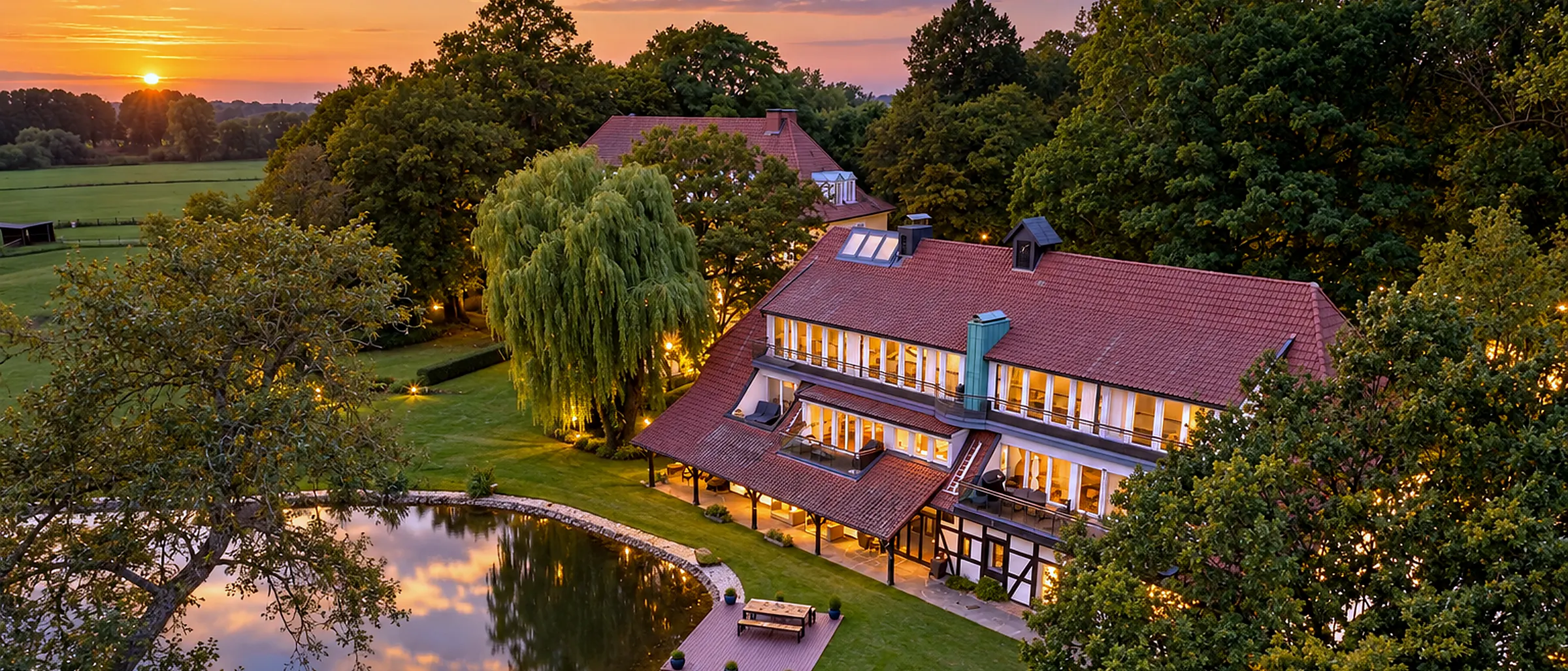 Luftbild mit Teich und Terrasse, weites Format
